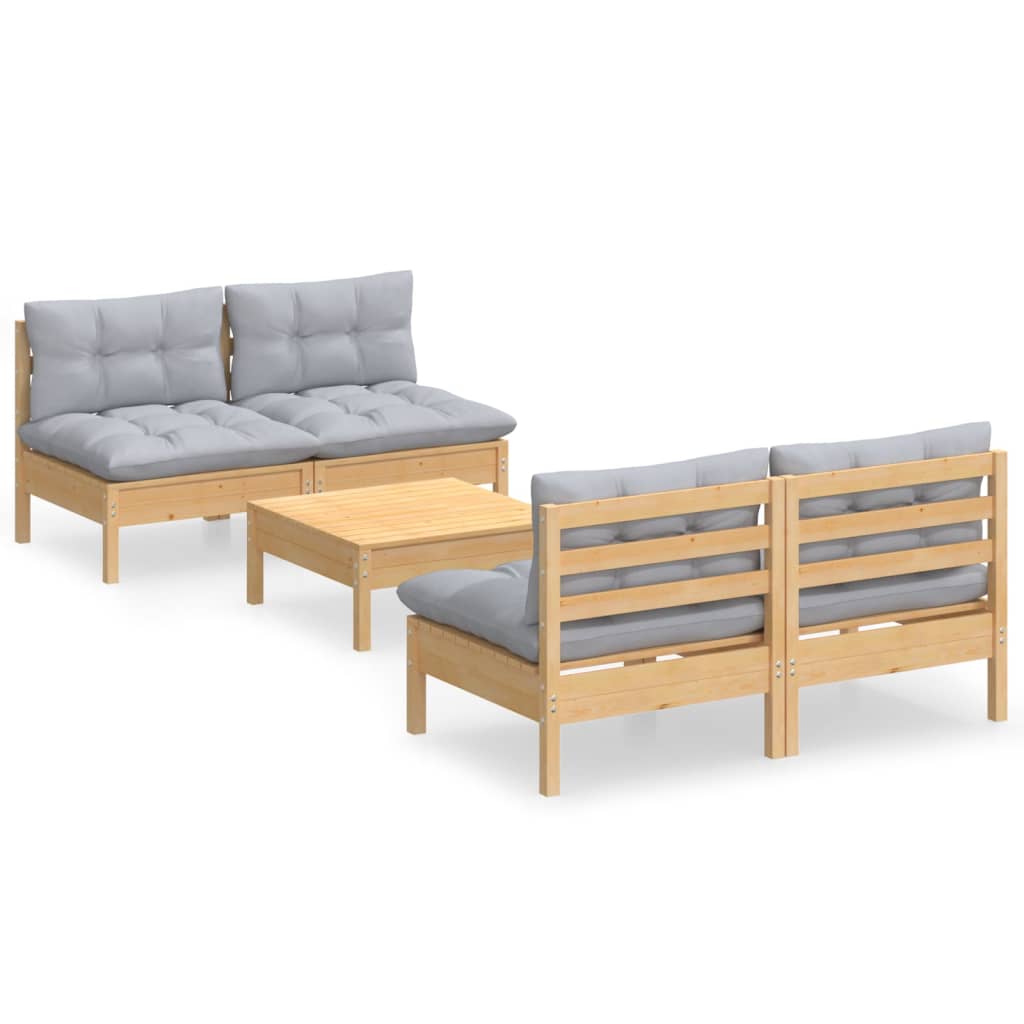 Set Mobilier Grădină Cu Perne Gri, 5 Piese, Lemn Masiv De Pin