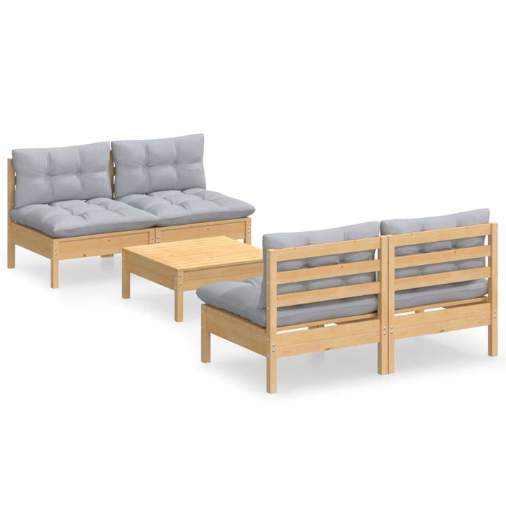 Set Mobilier Grădină Cu Perne Gri, 5 Piese, Lemn Masiv De Pin