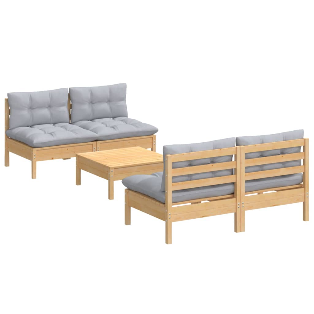 Set Mobilier Grădină Cu Perne Gri, 5 Piese, Lemn Masiv De Pin