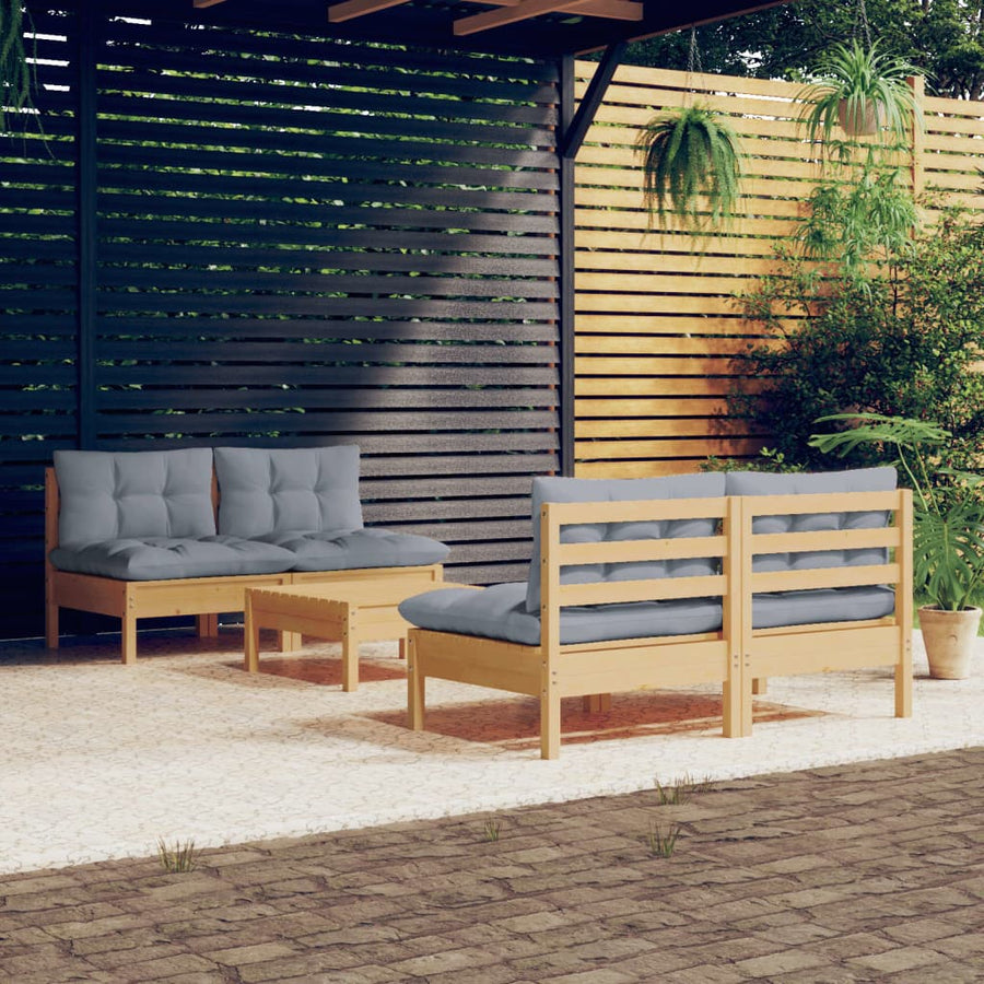 Set Mobilier Grădină Cu Perne Gri, 5 Piese, Lemn Masiv De Pin