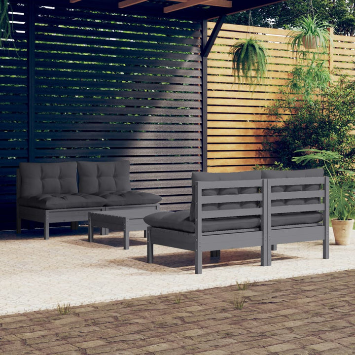 Set Mobilier Grădină Cu Perne Gri, 5 Piese, Lemn Masiv De Pin