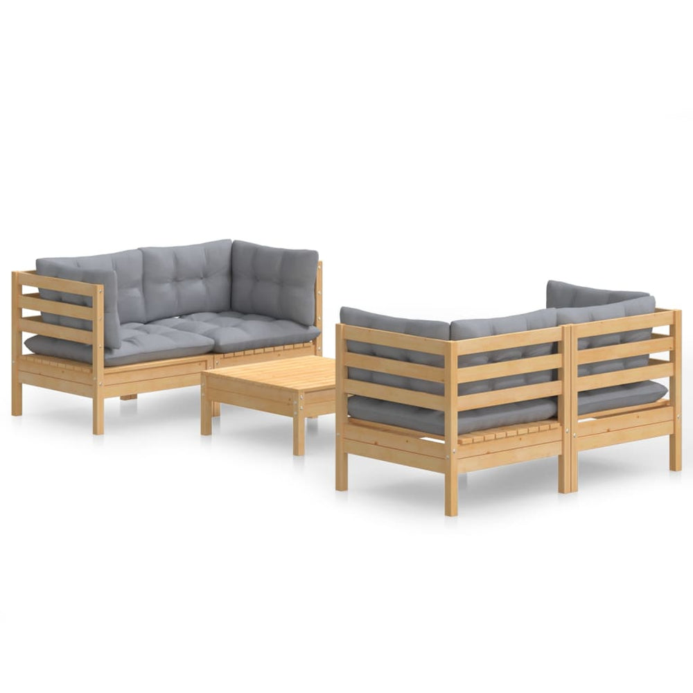 Set Mobilier Grădină Cu Perne Gri, 5 Piese, Lemn Masiv De Pin