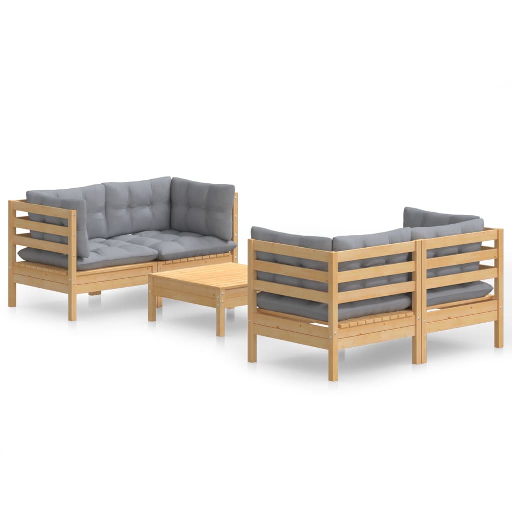 Set Mobilier Grădină Cu Perne Gri, 5 Piese, Lemn Masiv De Pin