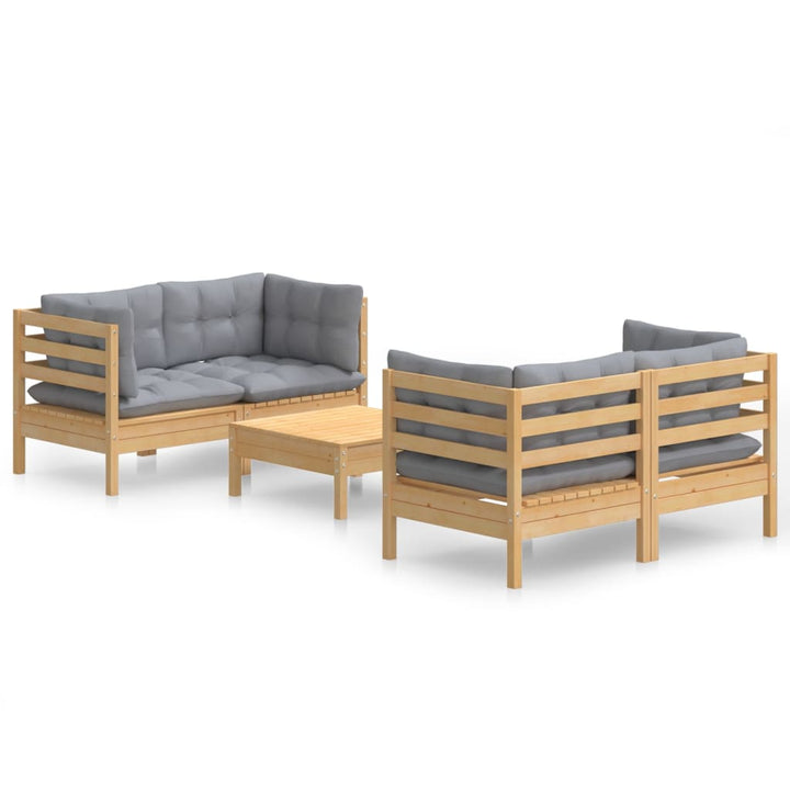 Set Mobilier Grădină Cu Perne Gri, 5 Piese, Lemn Masiv De Pin