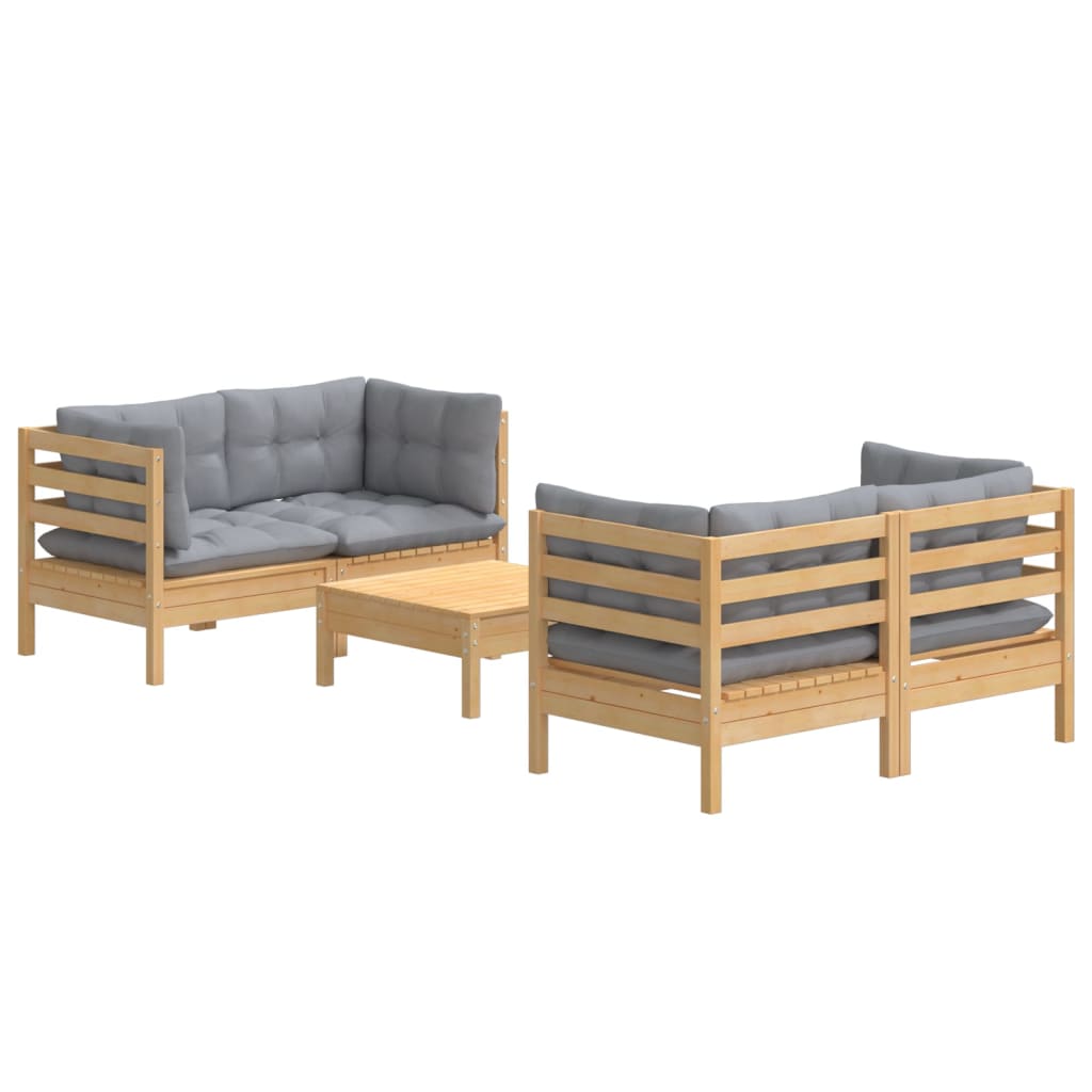 Set Mobilier Grădină Cu Perne Gri, 5 Piese, Lemn Masiv De Pin