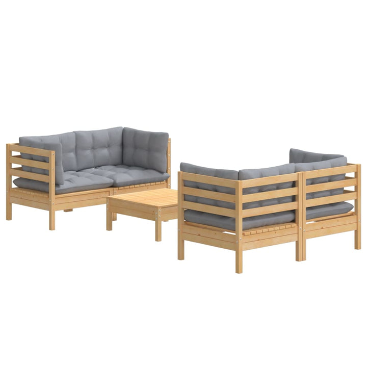 Set Mobilier Grădină Cu Perne Gri, 5 Piese, Lemn Masiv De Pin