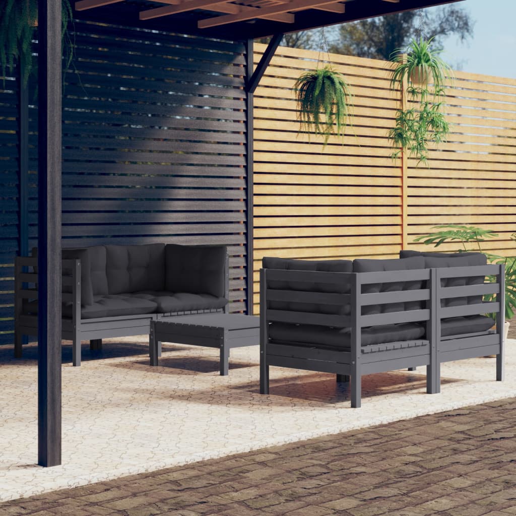 Set Mobilier Grădină Cu Perne Gri, 5 Piese, Lemn Masiv De Pin