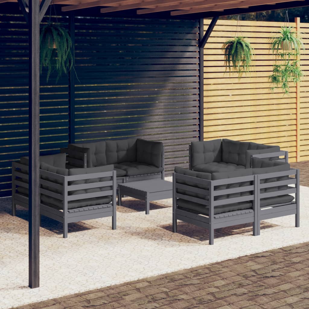Set Mobilier De Grădină Cu Perne, 9 Piese, Antracit, Lemn Pin