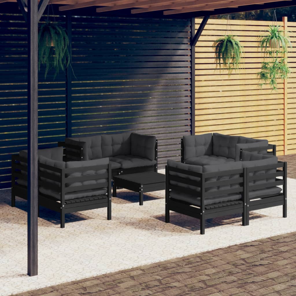 Set Mobilier De Grădină Cu Perne, 9 Piese, Antracit, Lemn Pin