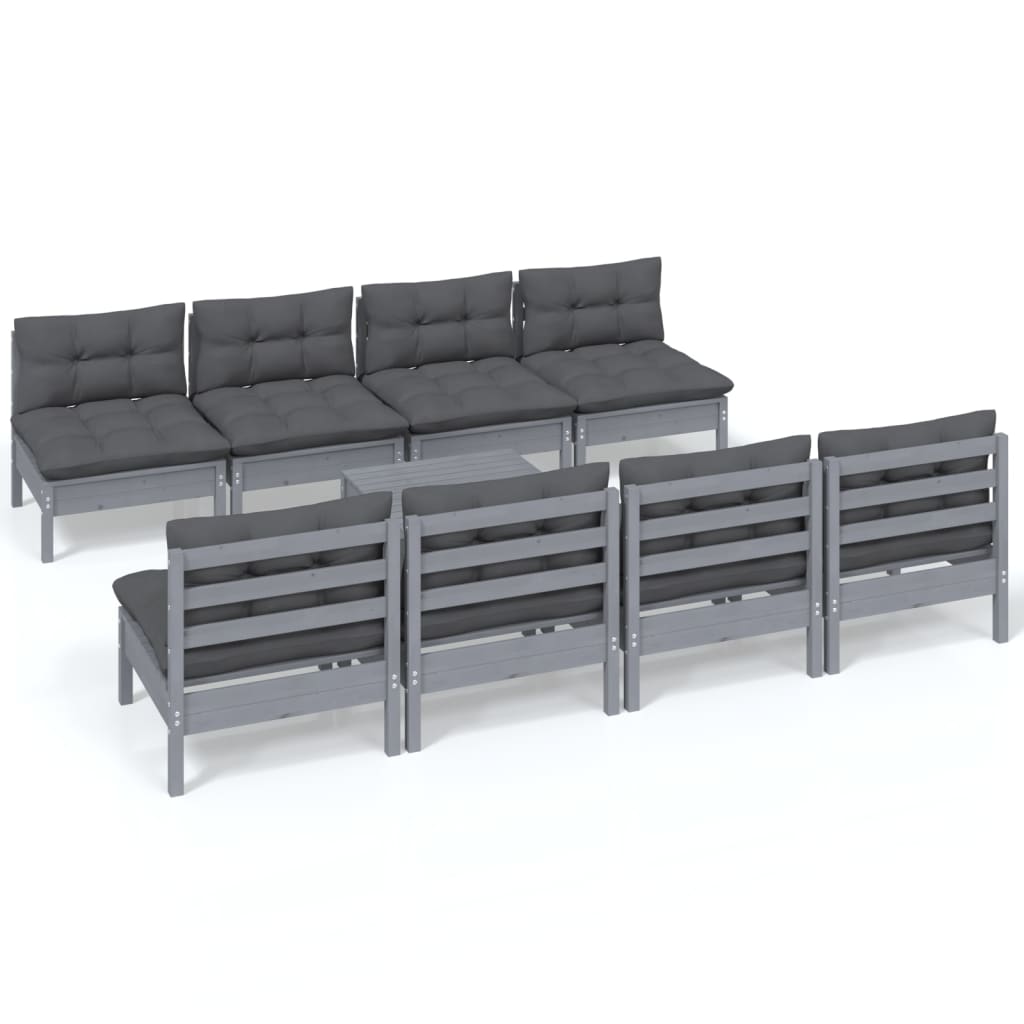 Set Mobilier De Grădină Cu Perne, 9 Piese, Lemn Masiv De Pin