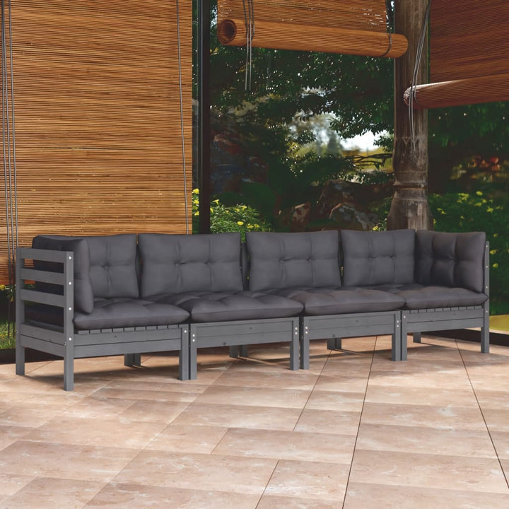 Set Mobilier Grădină Cu Perne Gri, 4 Piese, Lemn Masiv De Pin