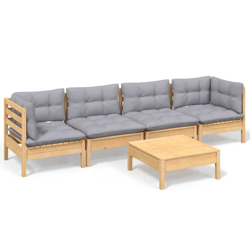 Set Mobilier Grădină Cu Perne Gri, 5 Piese, Lemn Masiv De Pin