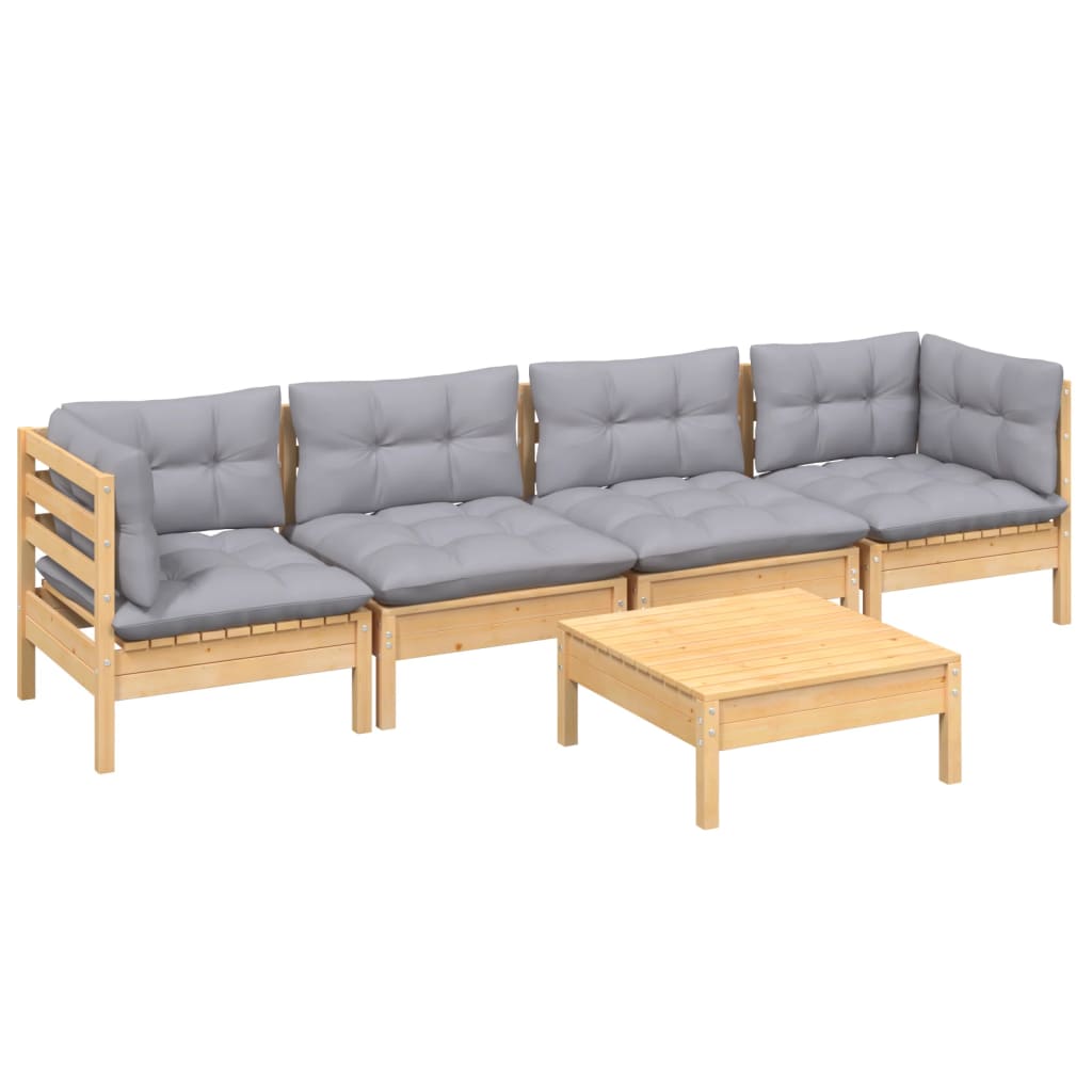 Set Mobilier Grădină Cu Perne Gri, 5 Piese, Lemn Masiv De Pin