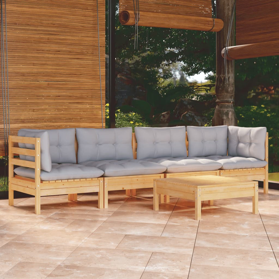 Set Mobilier Grădină Cu Perne Gri, 5 Piese, Lemn Masiv De Pin
