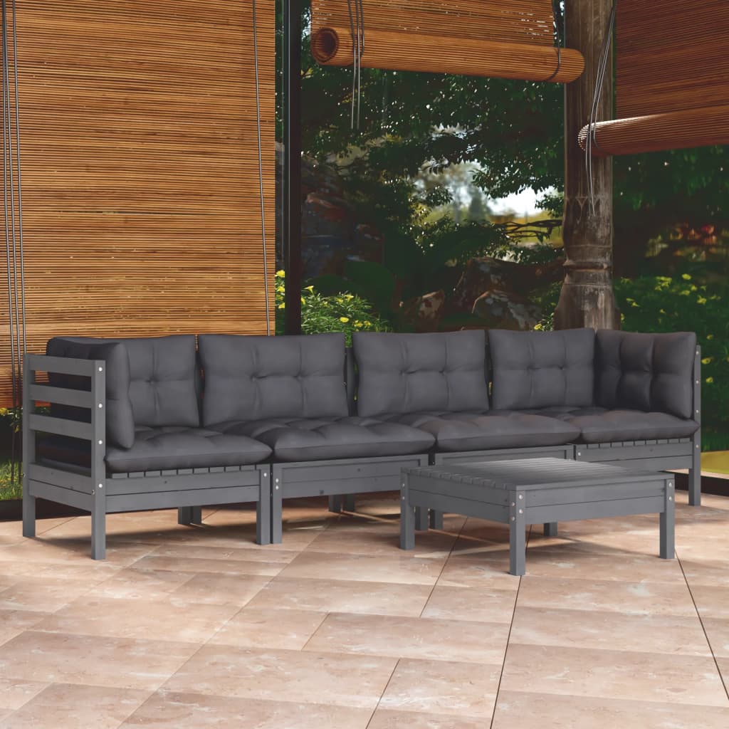 Set Mobilier Grădină Cu Perne Gri, 5 Piese, Lemn Masiv De Pin