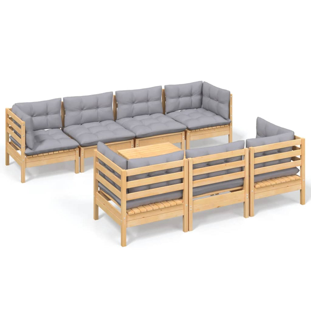 Set Mobilier De Grădină Cu Perne Gri, 8 Piese, Lemn Masiv Pin
