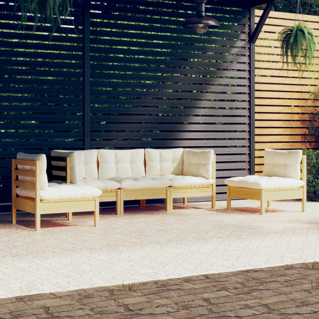 Set Mobilier Grădină Cu Perne Crem, 5 Piese, Lemn Masiv De Pin