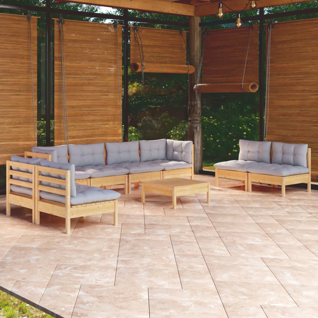 Set Mobilier De Grădină Cu Perne, 9 Piese, Lemn Masiv De Pin