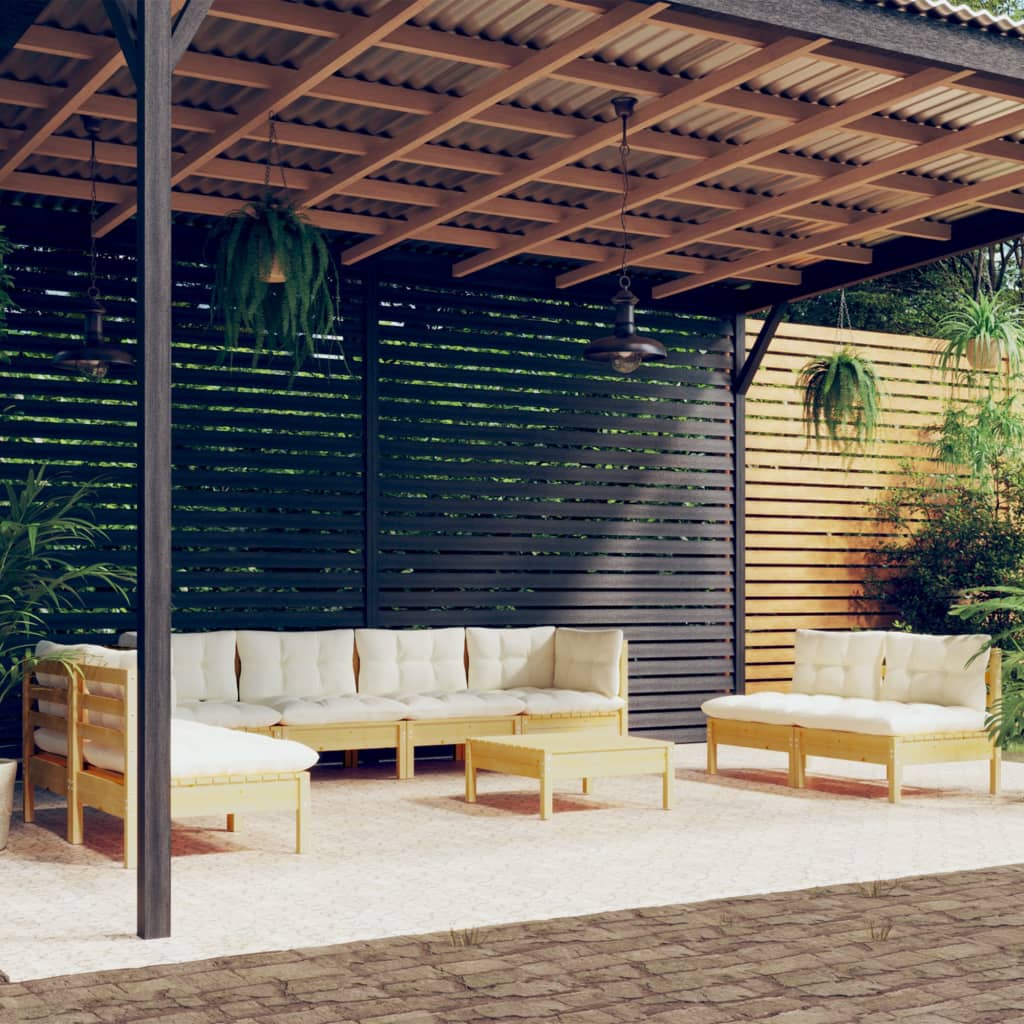 Set Mobilier De Grădină Cu Perne, 9 Piese, Lemn Masiv De Pin