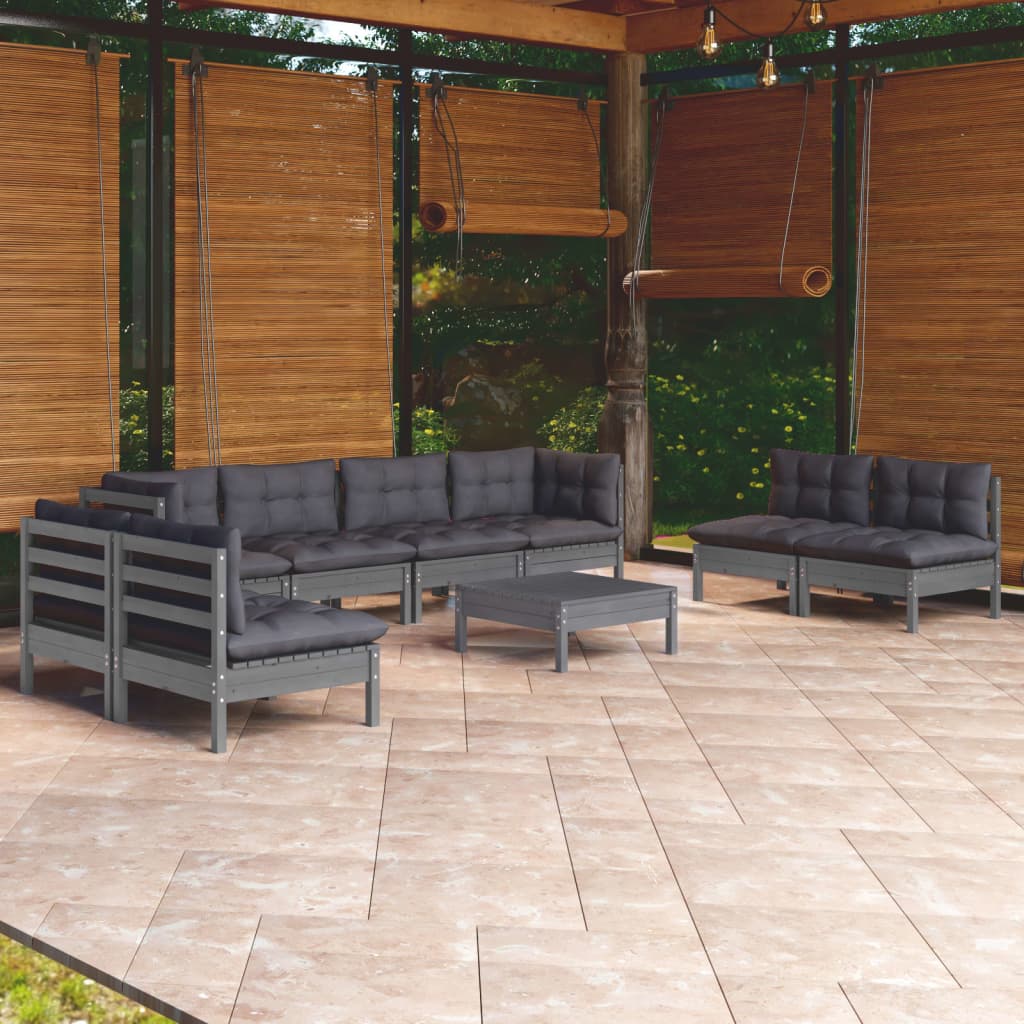Set Mobilier De Grădină Cu Perne, 9 Piese, Lemn Masiv De Pin