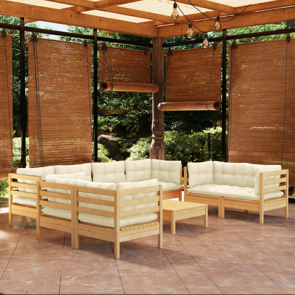 Set Mobilier De Grădină Cu Perne, 9 Piese, Lemn Masiv De Pin