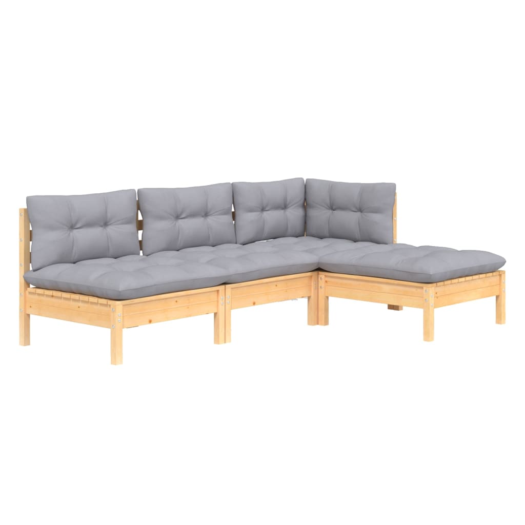 Set Mobilier Grădină Cu Perne, 4 Piese, Gri, Lemn De Pin
