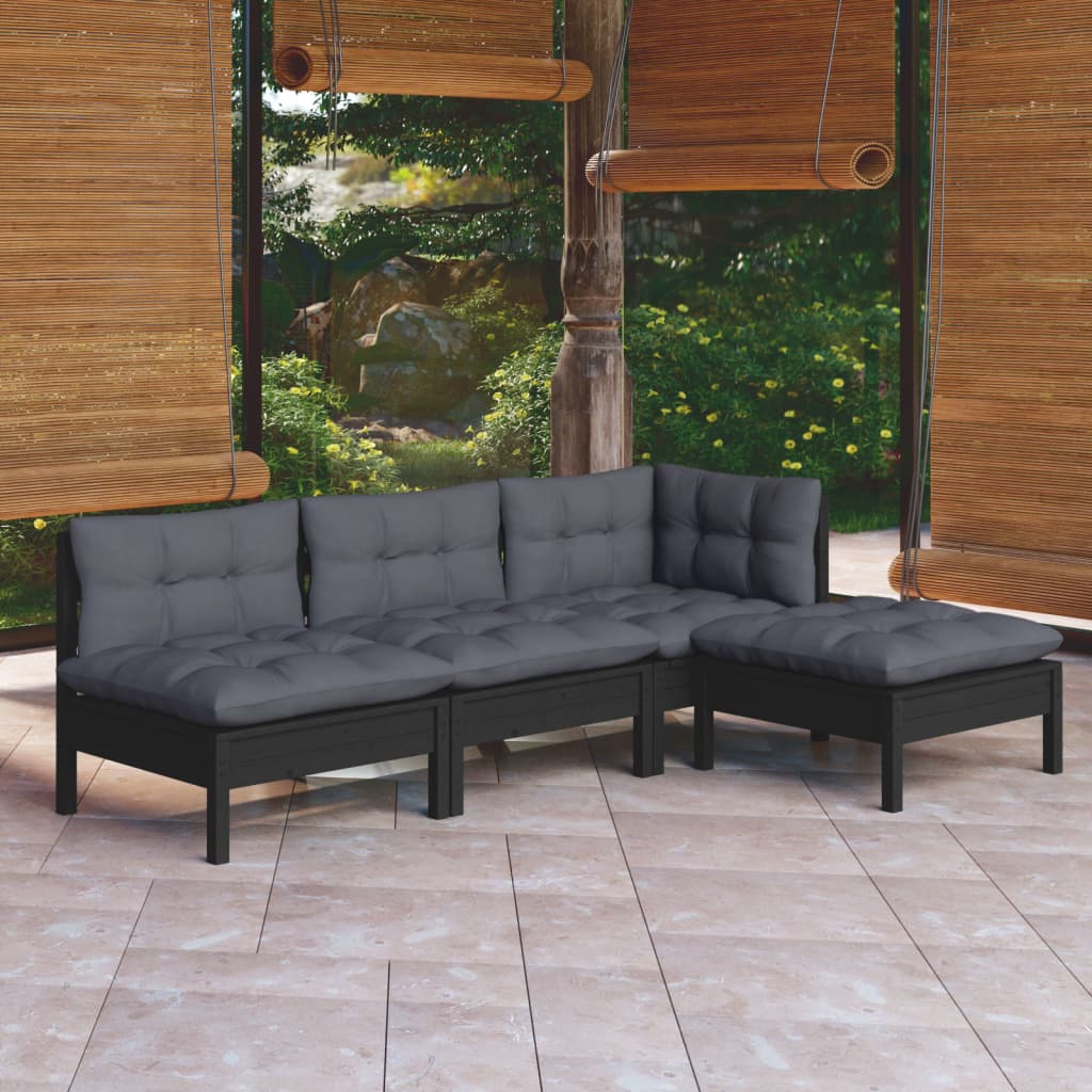 Set Mobilier Grădină Cu Perne, 4 Piese, Gri, Lemn De Pin