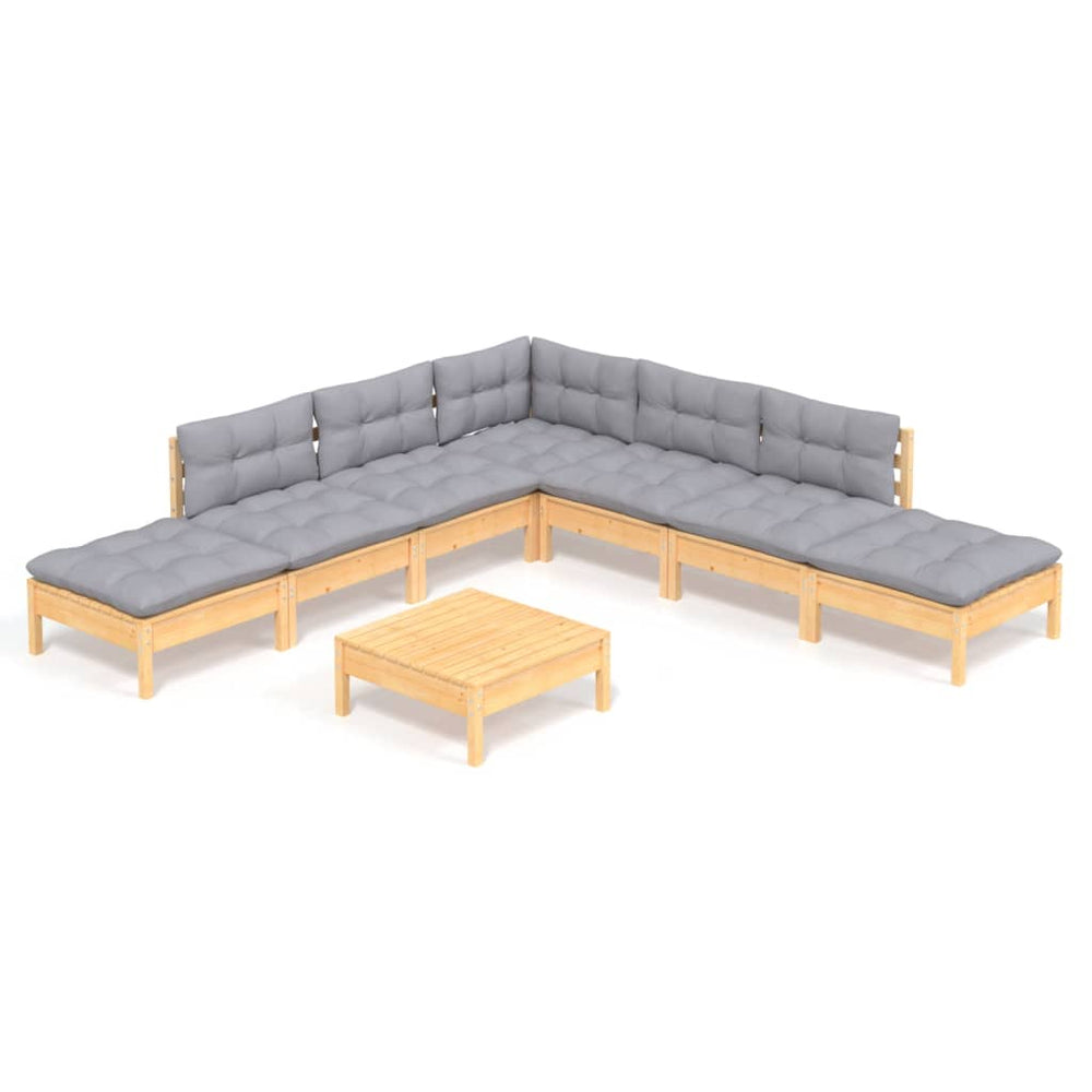 Set Mobilier De Grădină Cu Perne, 8 Piese, Gri, Lemn De Pin