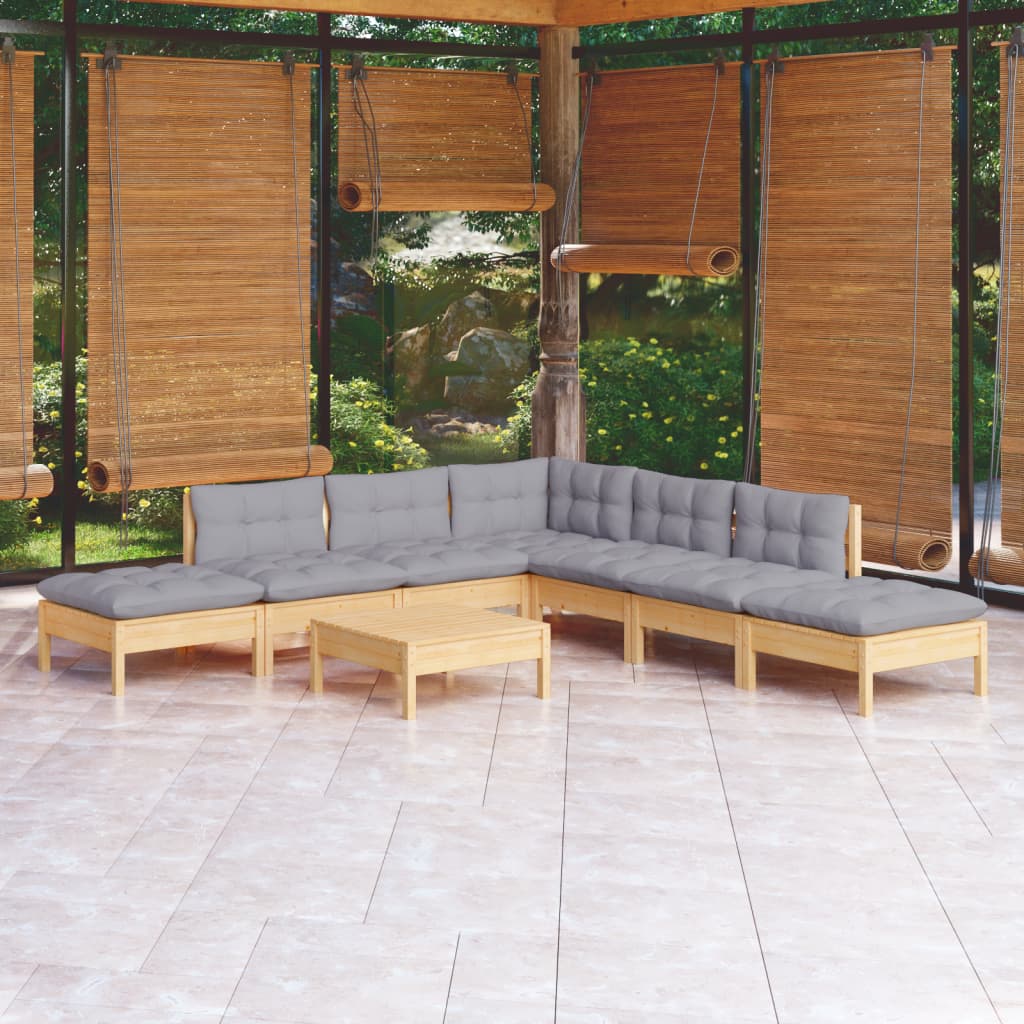 Set Mobilier De Grădină Cu Perne, 8 Piese, Gri, Lemn De Pin