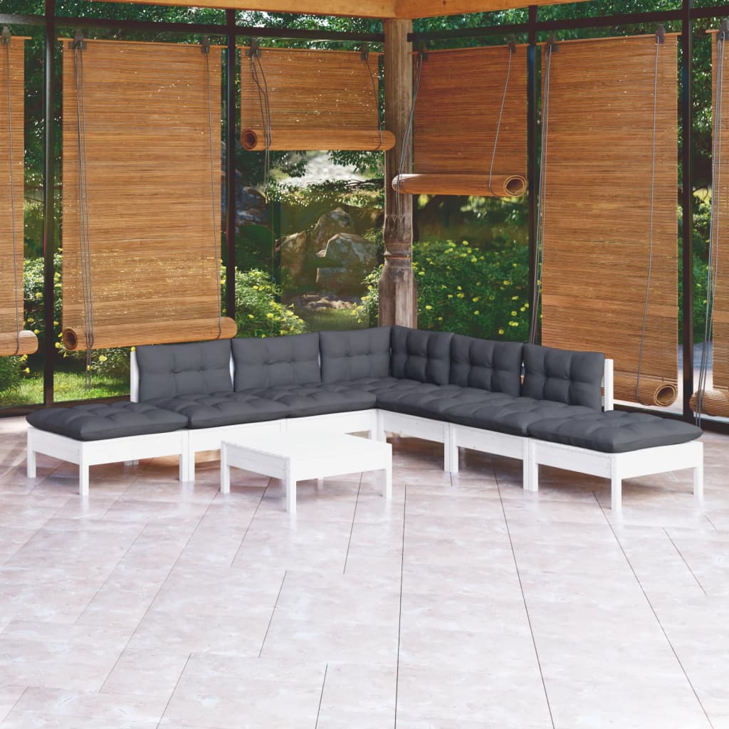 Set Mobilier De Grădină Cu Perne, 8 Piese, Gri, Lemn De Pin