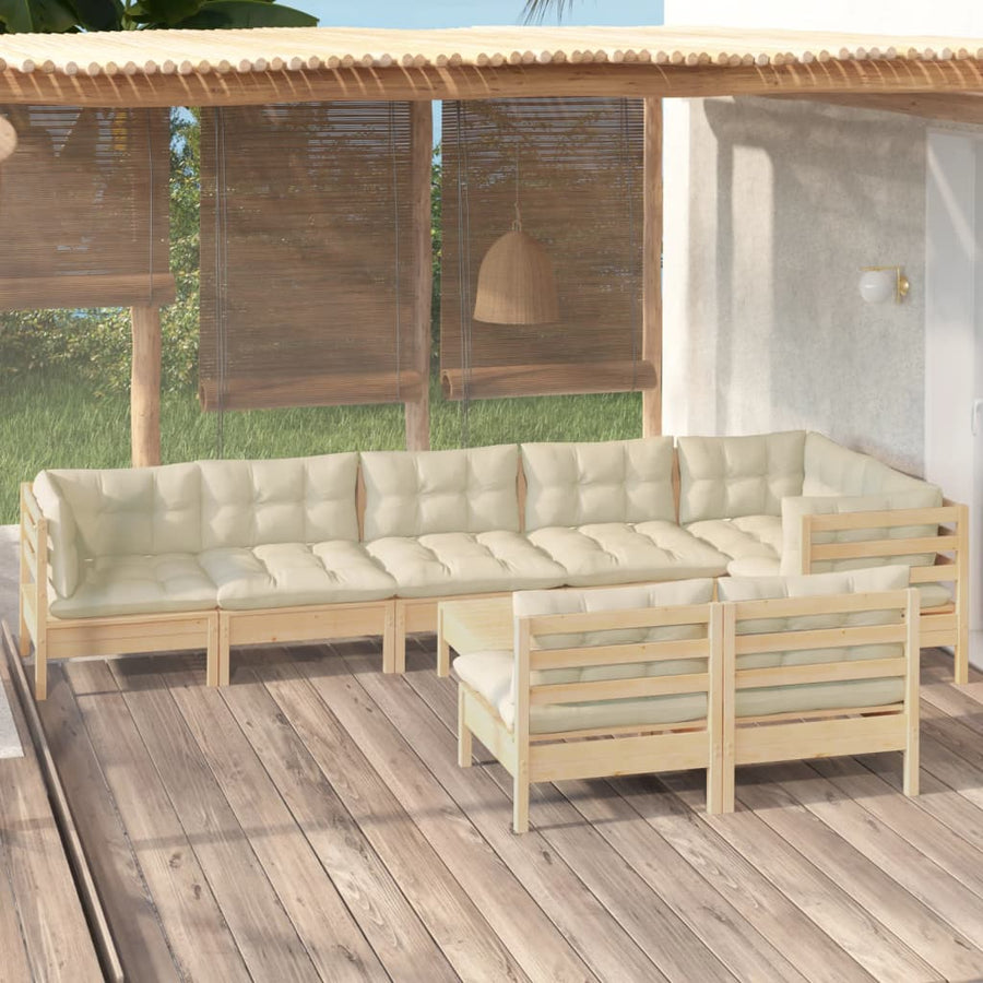 Set Mobilier Grădină Cu Perne Crem, 9 Piese, Lemn Masiv De Pin