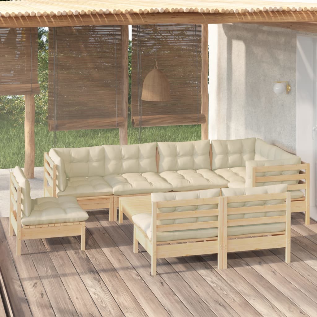 Set Mobilier Grădină Cu Perne Crem, 9 Piese, Lemn Masiv De Pin