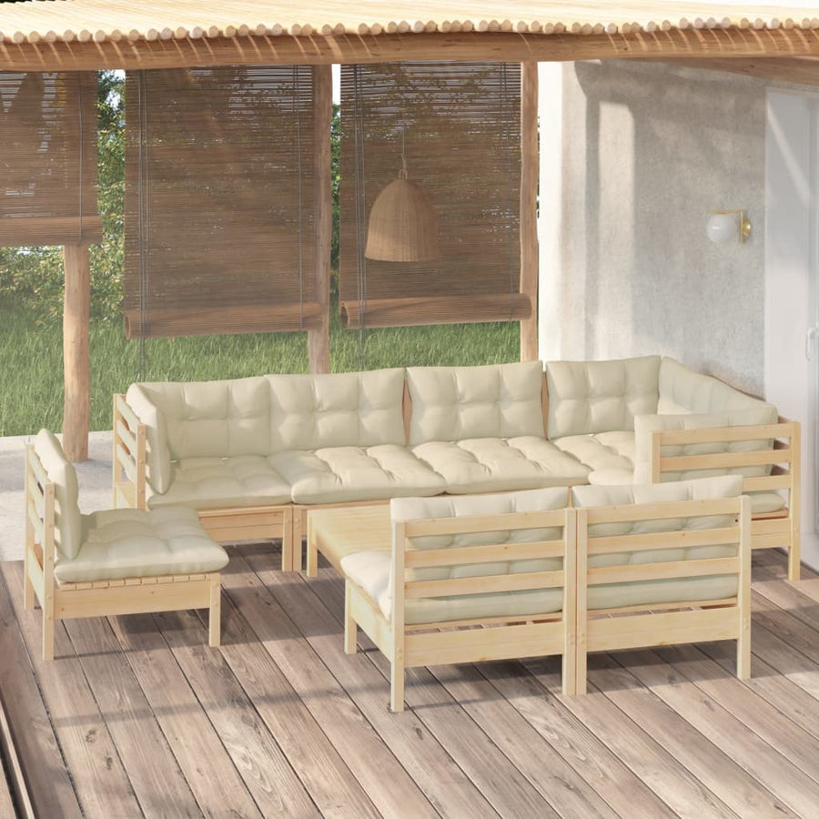 Set Mobilier Grădină Cu Perne Crem, 9 Piese, Lemn Masiv De Pin