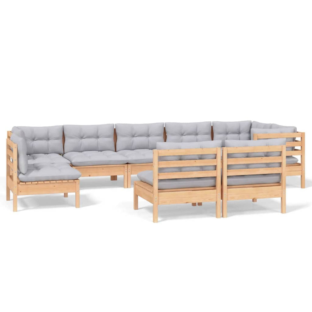 Set Mobilier De Grădină Cu Perne Gri, 9 Piese, Lemn Masiv Pin
