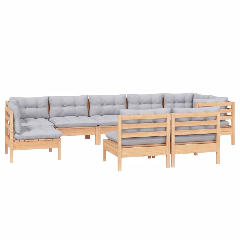 Set Mobilier De Grădină Cu Perne Gri, 9 Piese, Lemn Masiv Pin