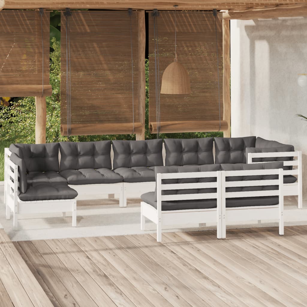 Set Mobilier De Grădină Cu Perne Gri, 9 Piese, Lemn Masiv Pin