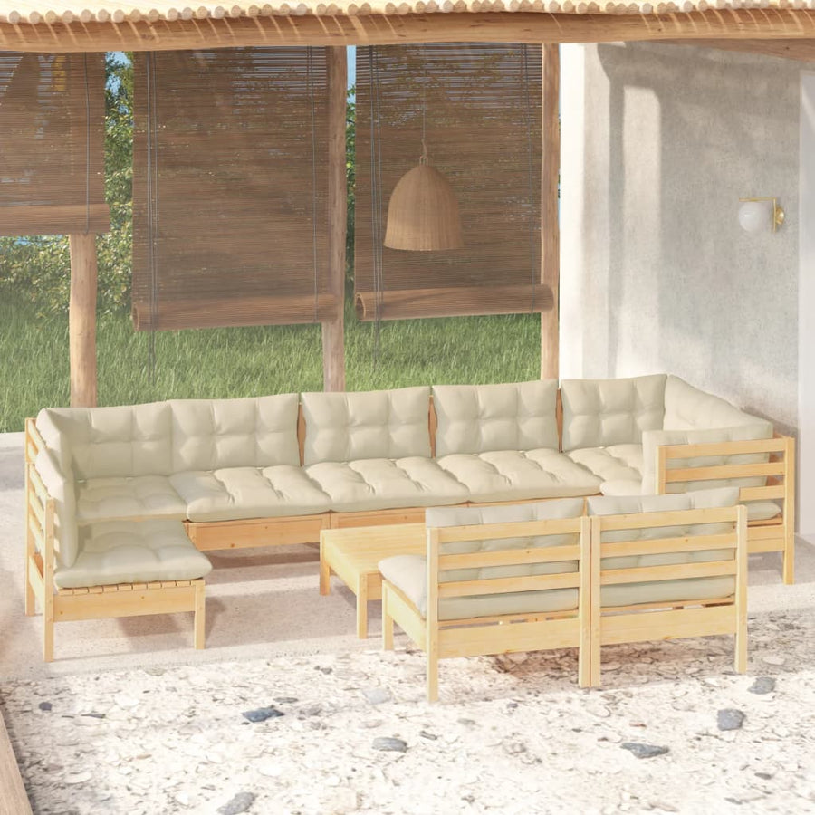 Set Mobilier Grădină Cu Perne Crem, 10 Piese, Lemn Masiv De Pin