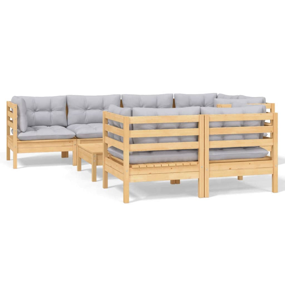 Set Mobilier De Grădină Cu Perne Gri, 8 Piese, Lemn Masiv Pin