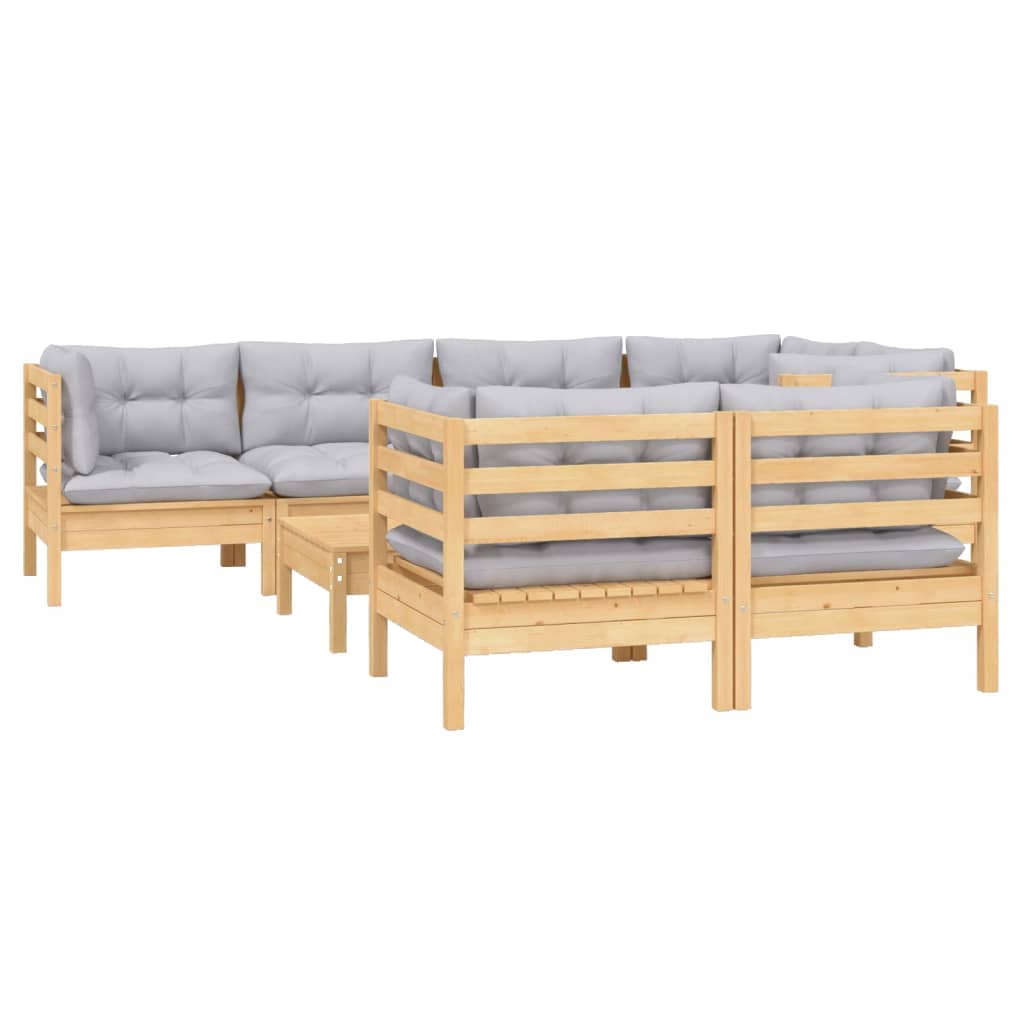 Set Mobilier De Grădină Cu Perne Gri, 8 Piese, Lemn Masiv Pin