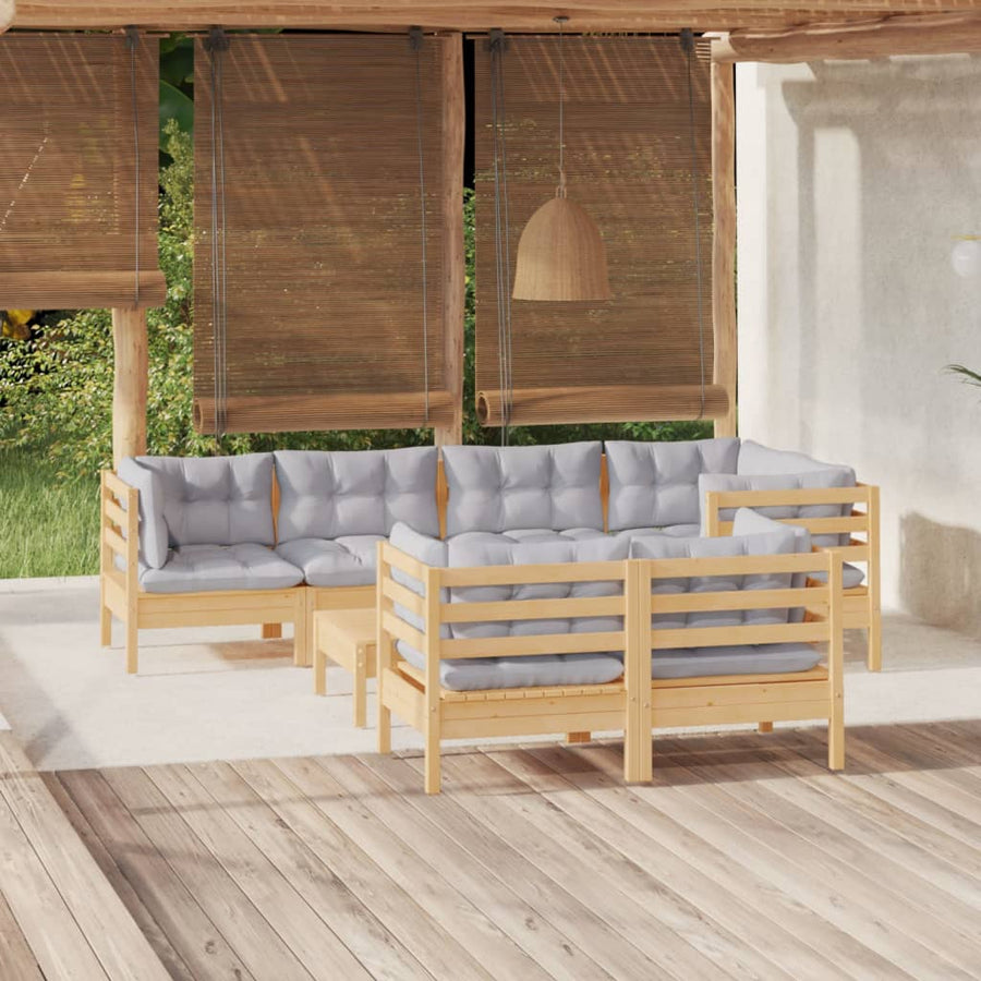 Set Mobilier De Grădină Cu Perne Gri, 8 Piese, Lemn Masiv Pin