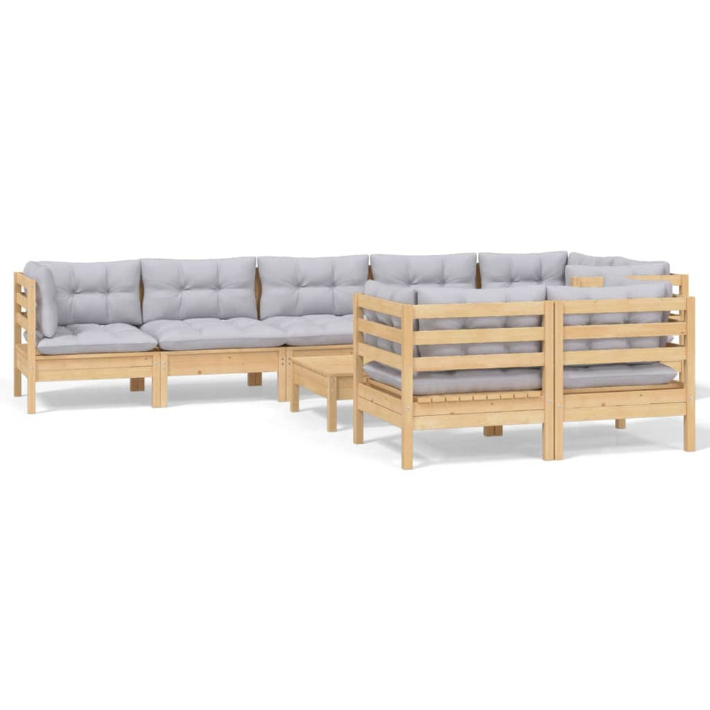 Set Mobilier De Grădină Cu Perne Gri, 9 Piese, Lemn Masiv Pin