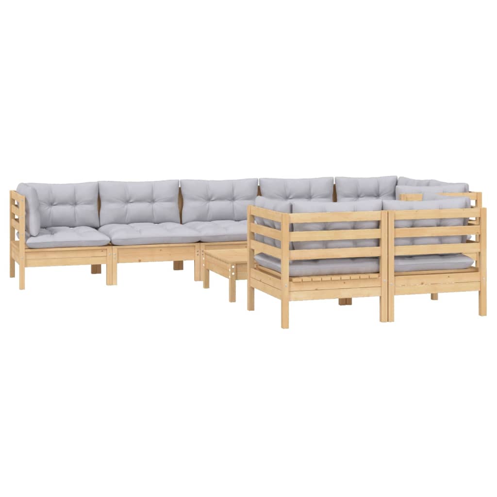 Set Mobilier De Grădină Cu Perne Gri, 9 Piese, Lemn Masiv Pin