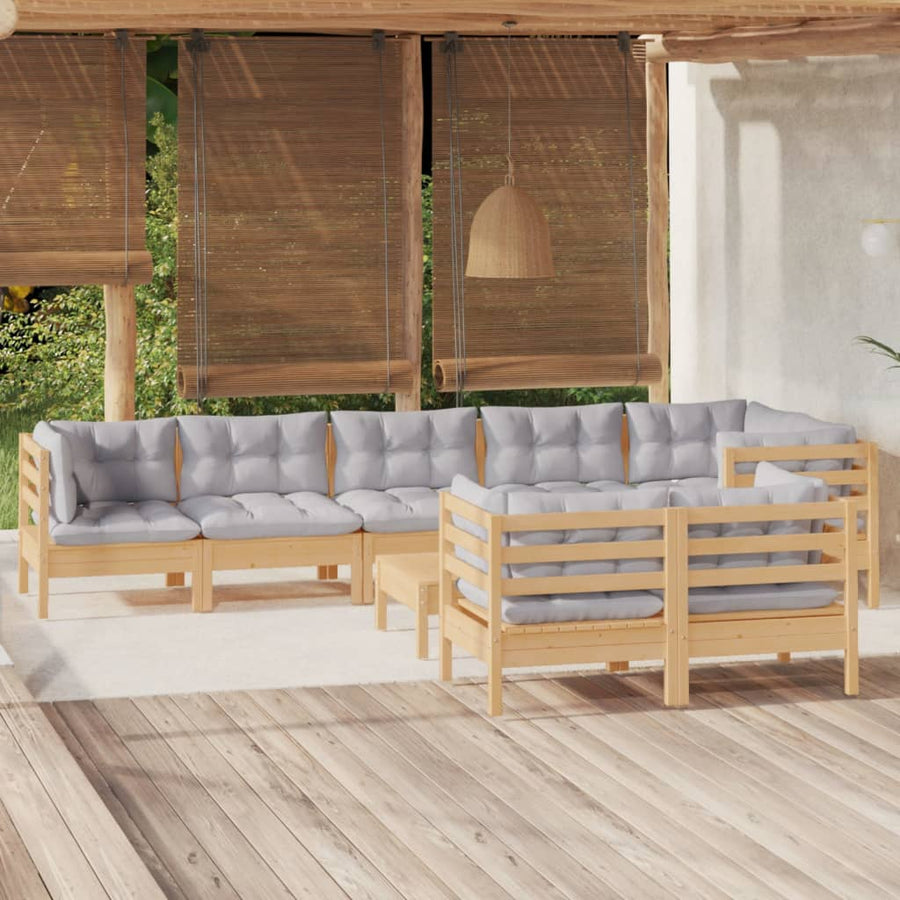 Set Mobilier De Grădină Cu Perne Gri, 9 Piese, Lemn Masiv Pin