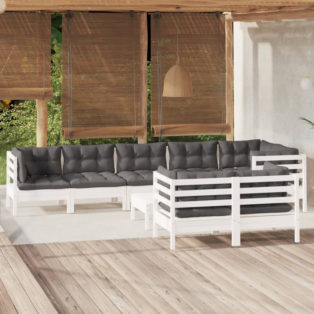 Set Mobilier De Grădină Cu Perne Gri, 9 Piese, Lemn Masiv Pin