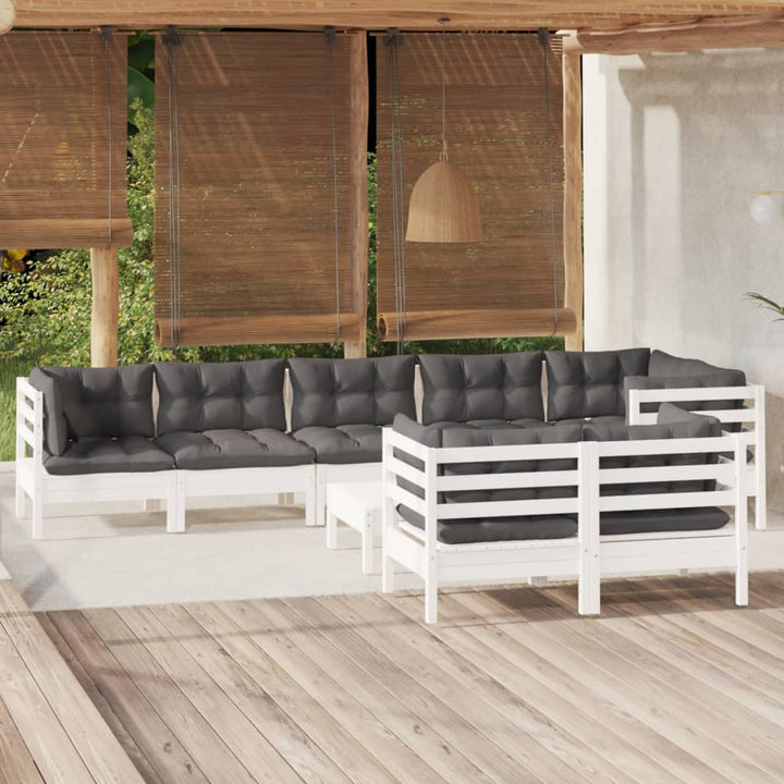Set Mobilier De Grădină Cu Perne Gri, 9 Piese, Lemn Masiv Pin