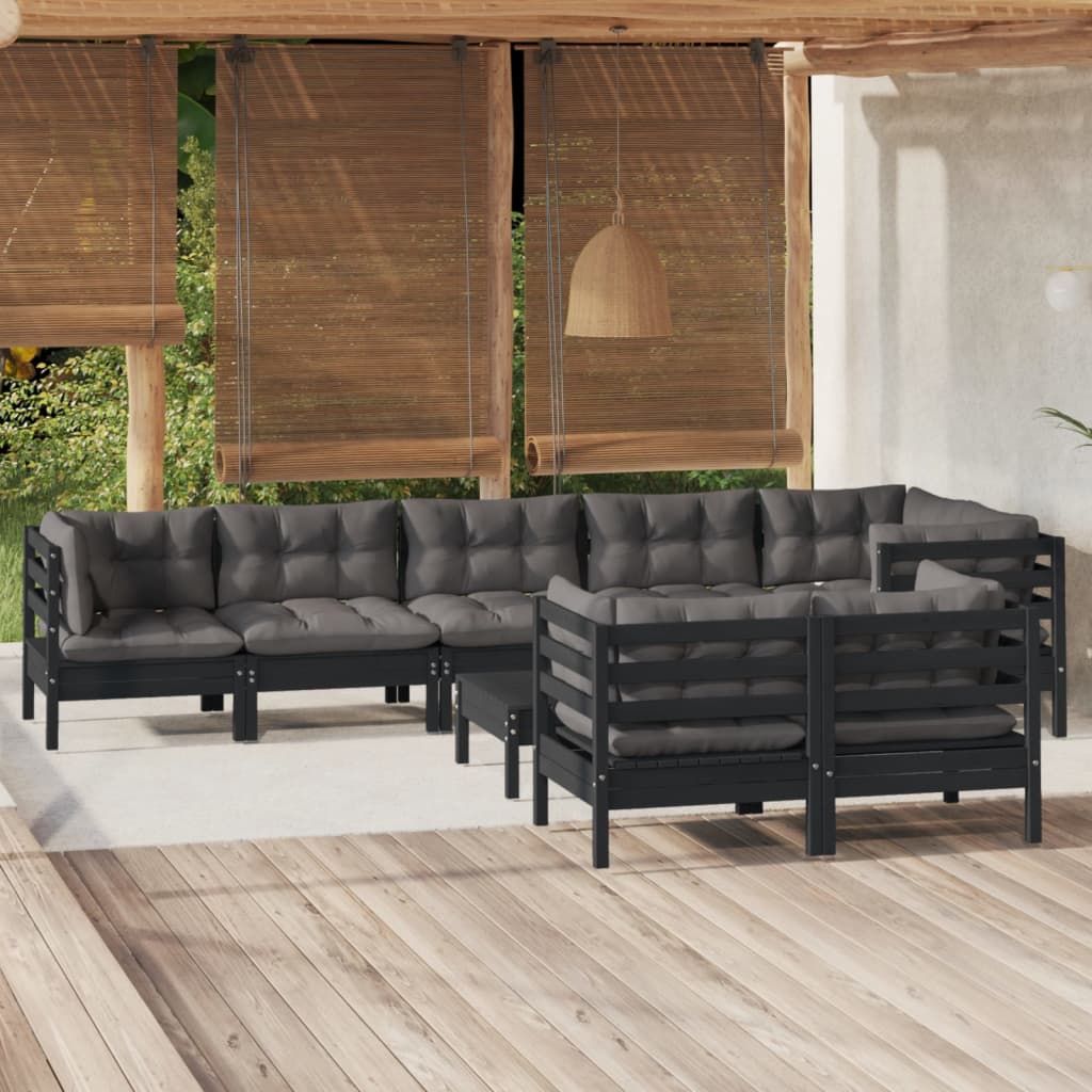Set Mobilier De Grădină Cu Perne Gri, 9 Piese, Lemn Masiv Pin