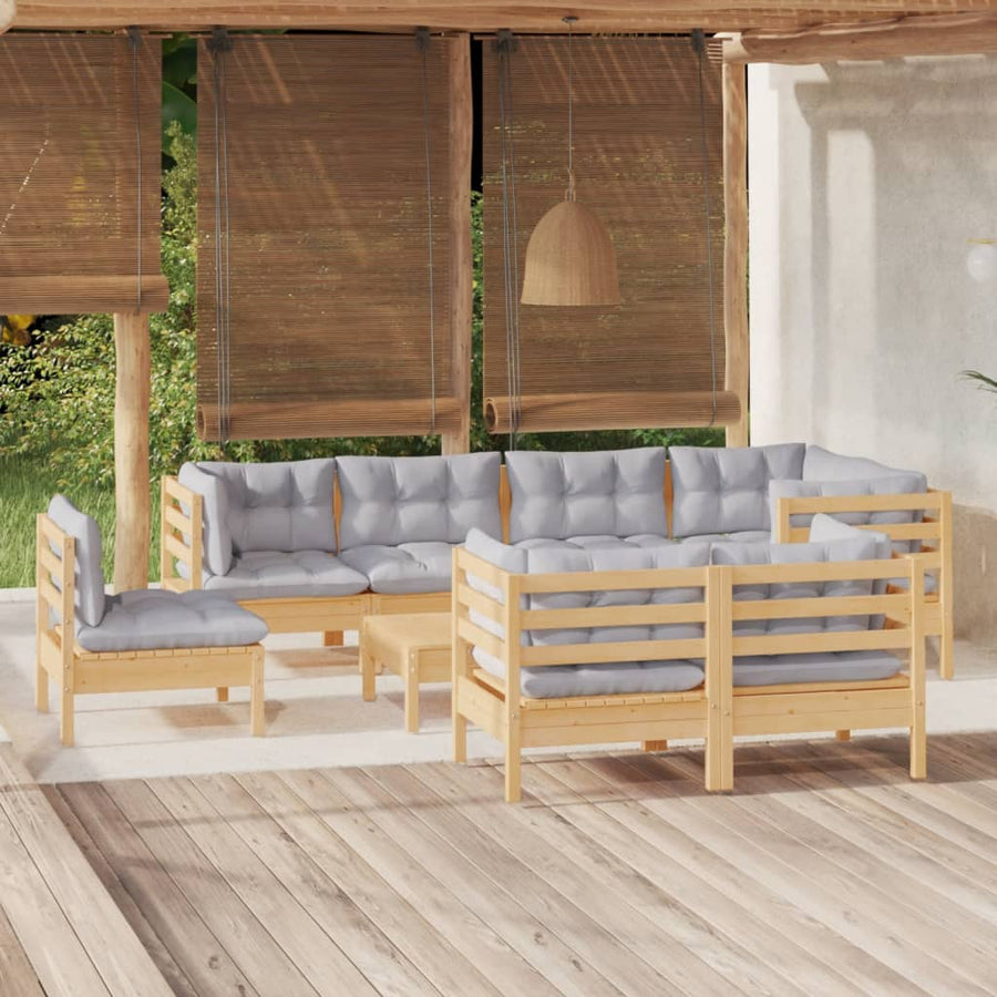 Set Mobilier De Grădină Cu Perne Gri, 9 Piese, Lemn Masiv Pin