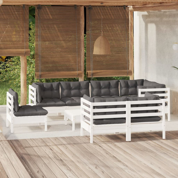 Set Mobilier De Grădină Cu Perne Gri, 9 Piese, Lemn Masiv Pin