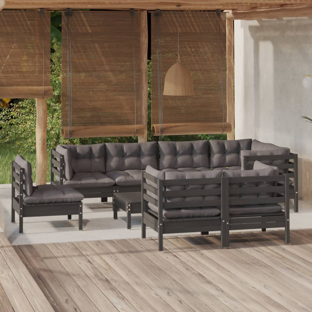 Set Mobilier De Grădină Cu Perne Gri, 9 Piese, Lemn Masiv Pin