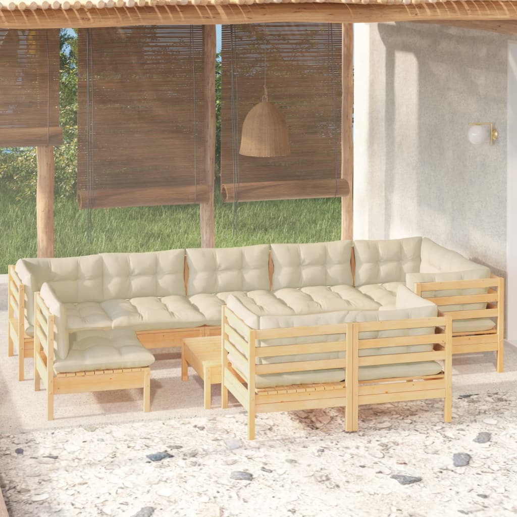 Set Mobilier Grădină Cu Perne Crem, 10 Piese, Lemn Masiv De Pin